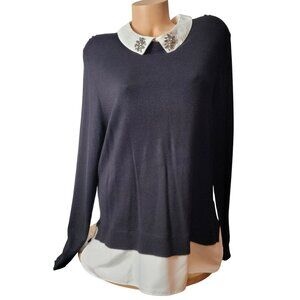 Time And Tru Black Sweater With White Collar & Shirt Tails XL Embellished Collar